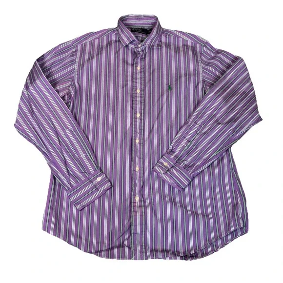 Polo Ralph Lauren Shirt Mens Size Large Purple Green Striped Green Logo Preppy - Picture 4 of 8